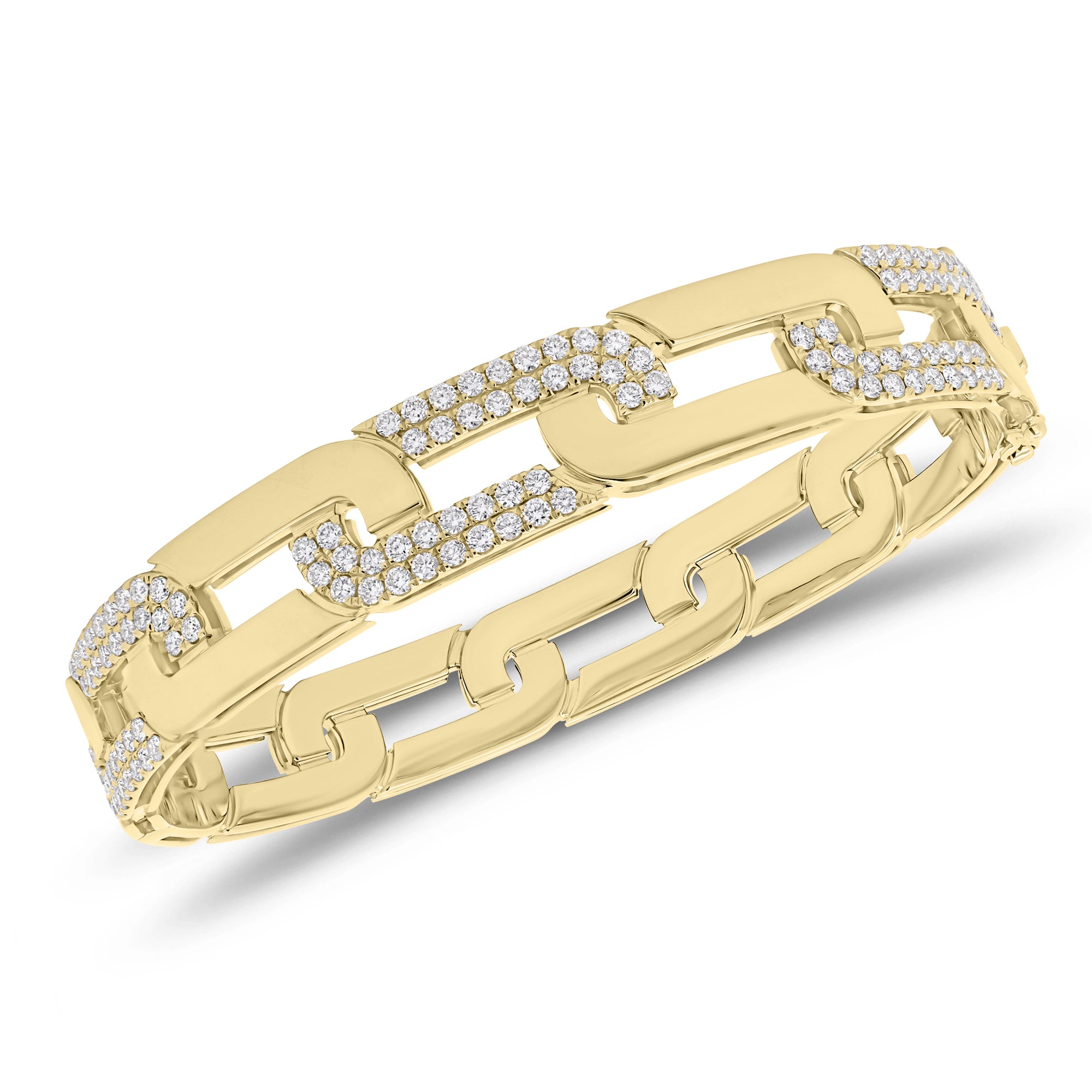 Diamond flat link bangle bracelet
- 14K gold weighing 35.30 grams
- 120 round diamonds weighing 1.79 carats