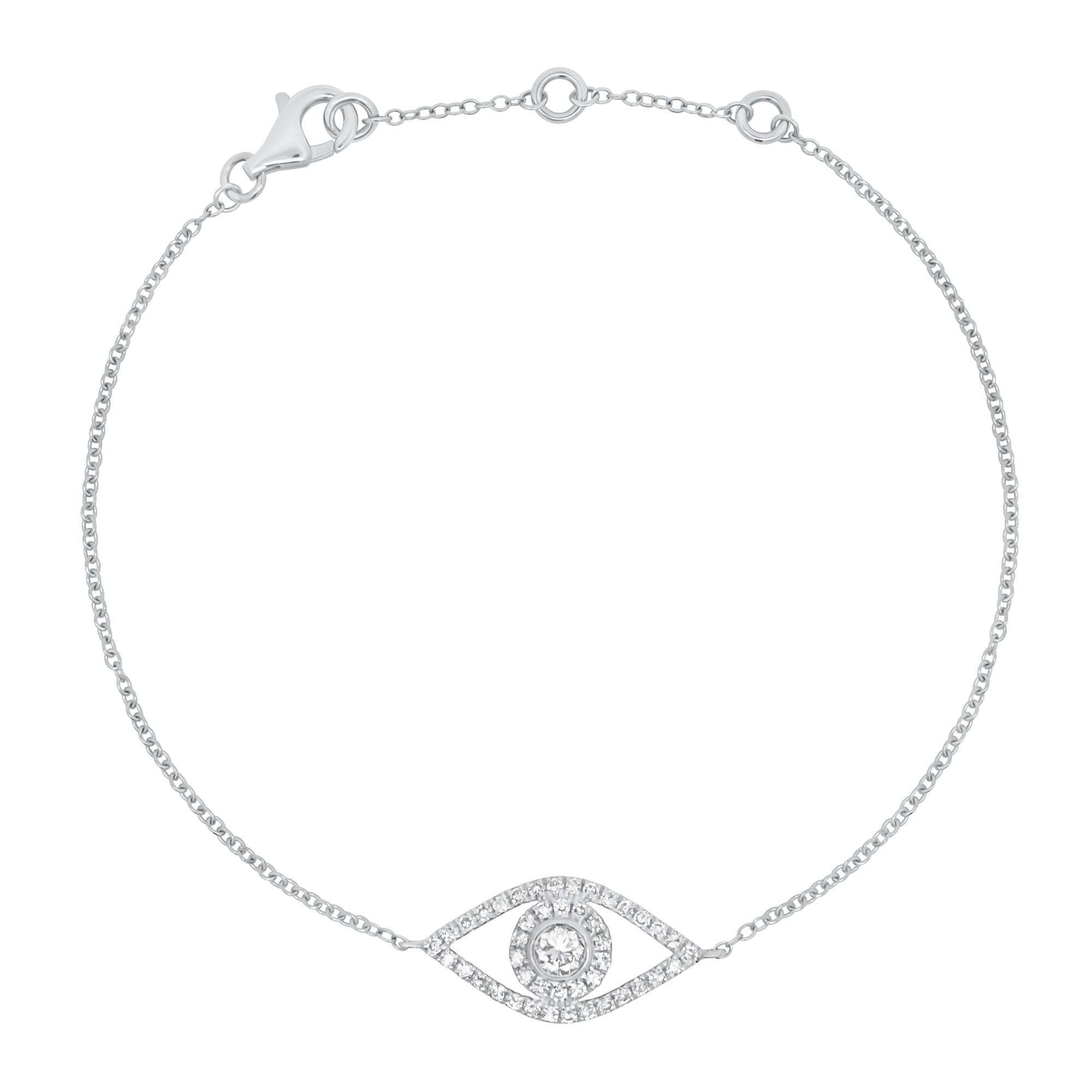 Diamond open evil eye fashion bracelet - 14K gold weighing 1.54 grams
- 0.11 ct round diamond
- 44 round diamonds weighing 0.21 carats