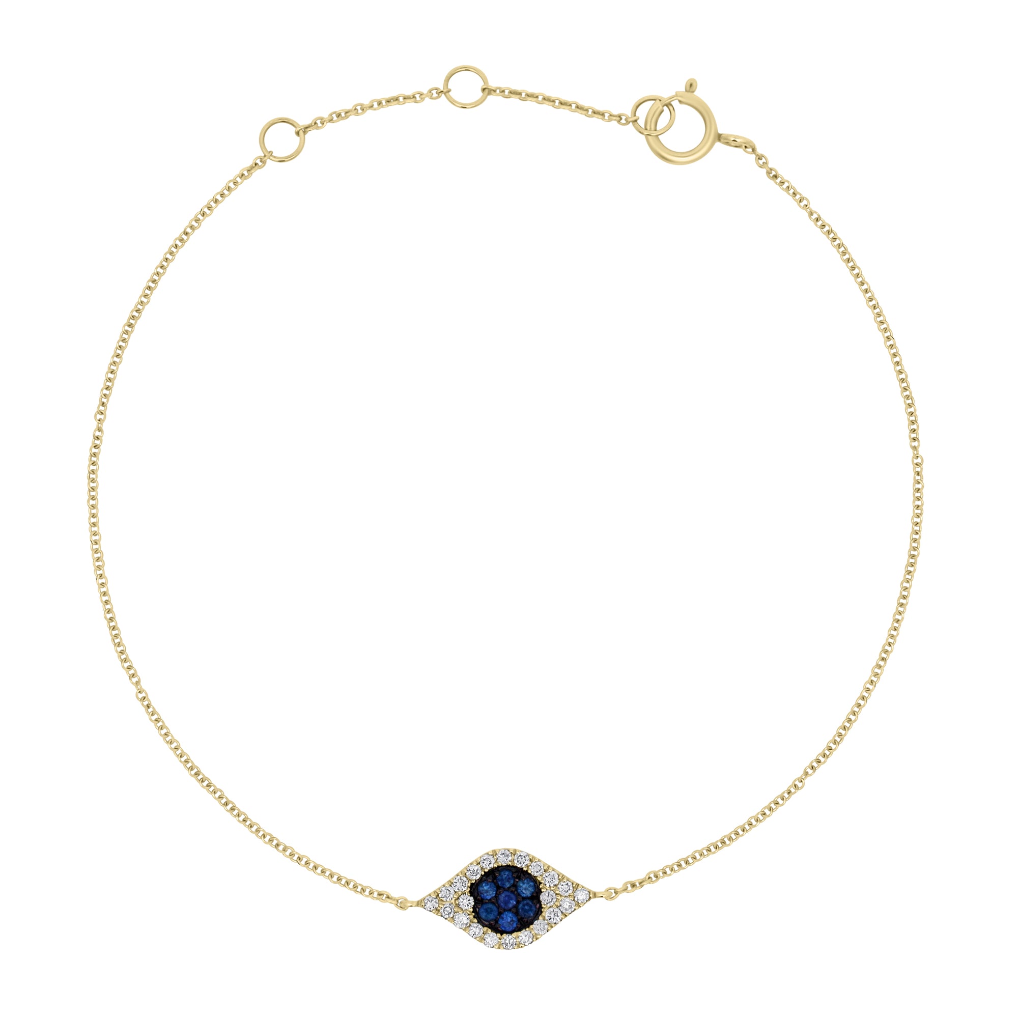 Sapphire and diamond oxidized evil eye fashion bracelet - 14K gold weighing 0.97 grams
- 22 round diamonds weighing 0.12 carats
- 7 sapphires weighing 0.09 carats