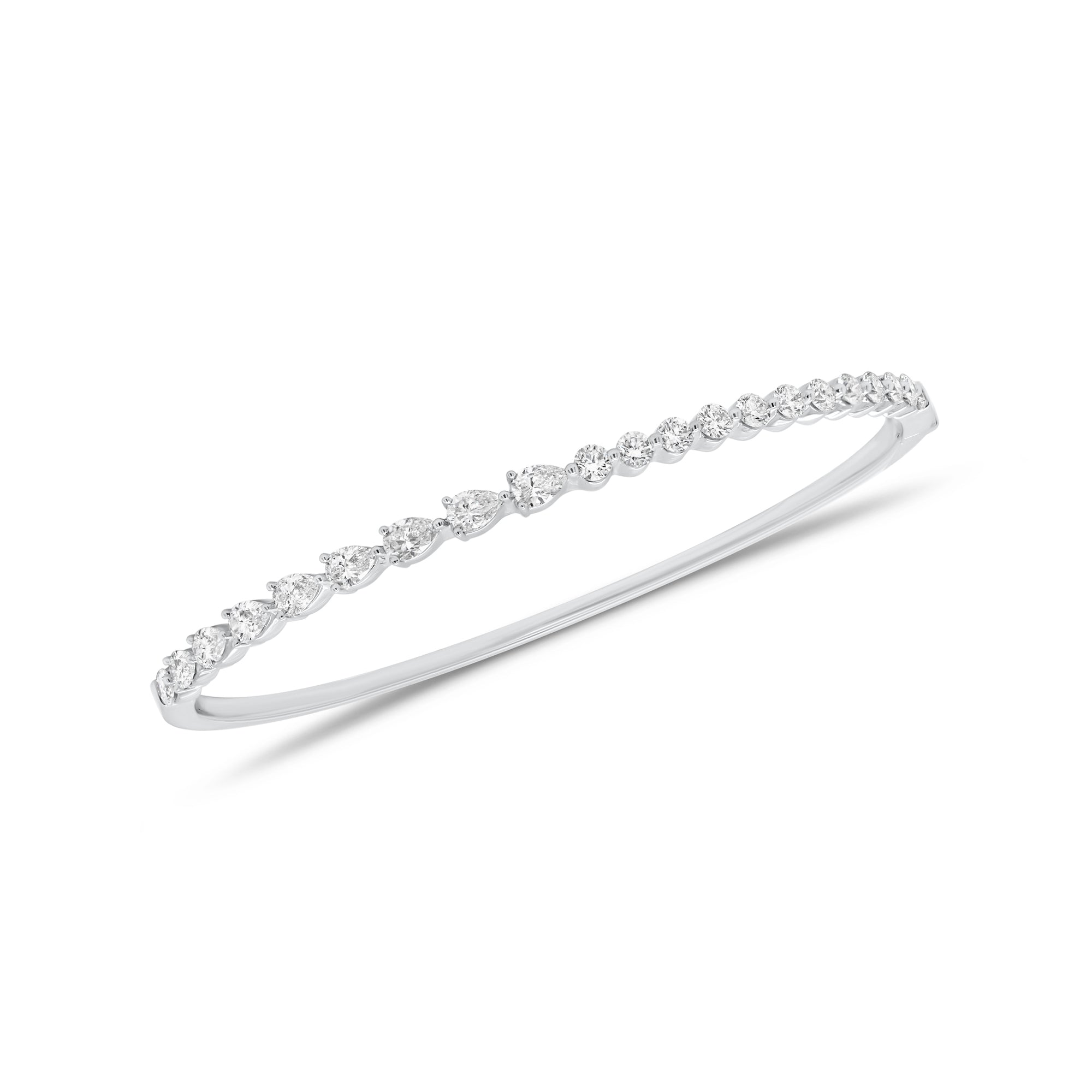 Round & Pear-Shaped Diamond Bangle Bracelet - 18K gold weighing 11.06 grams  - 12 round diamonds weighing 0.68 carats  - 9 pear-shaped diamonds weighing 0.96 carats