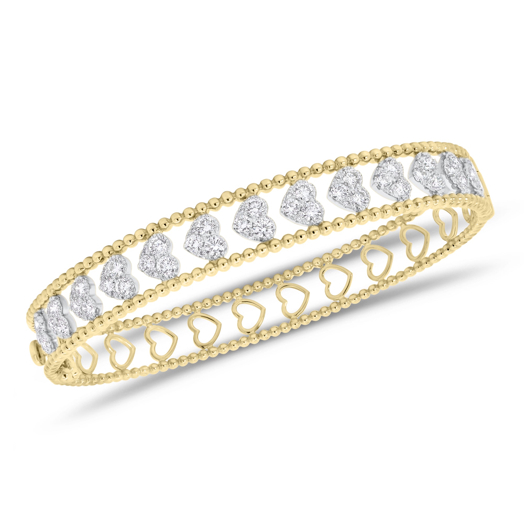 Diamond multi-heart bangle with beaded gold frame - 18K gold weighing 17.80 grams  - 65 round diamonds weighing 2.06 carats