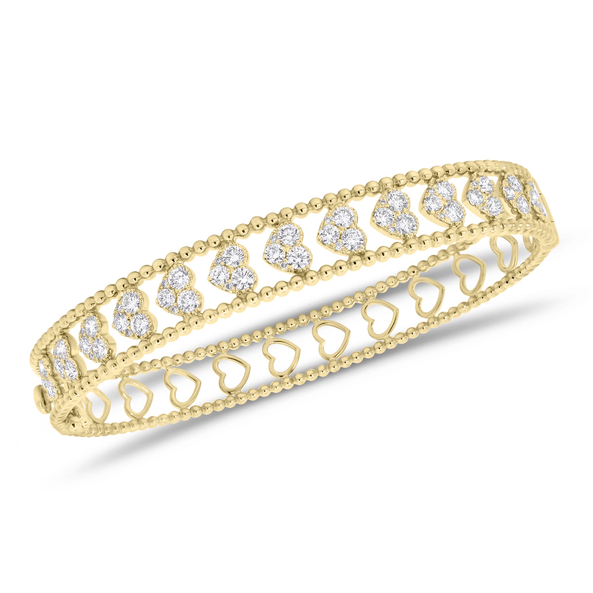 Diamond multi-heart bangle with beaded gold frame - 18K gold weighing 17.80 grams  - 65 round diamonds weighing 2.06 carats