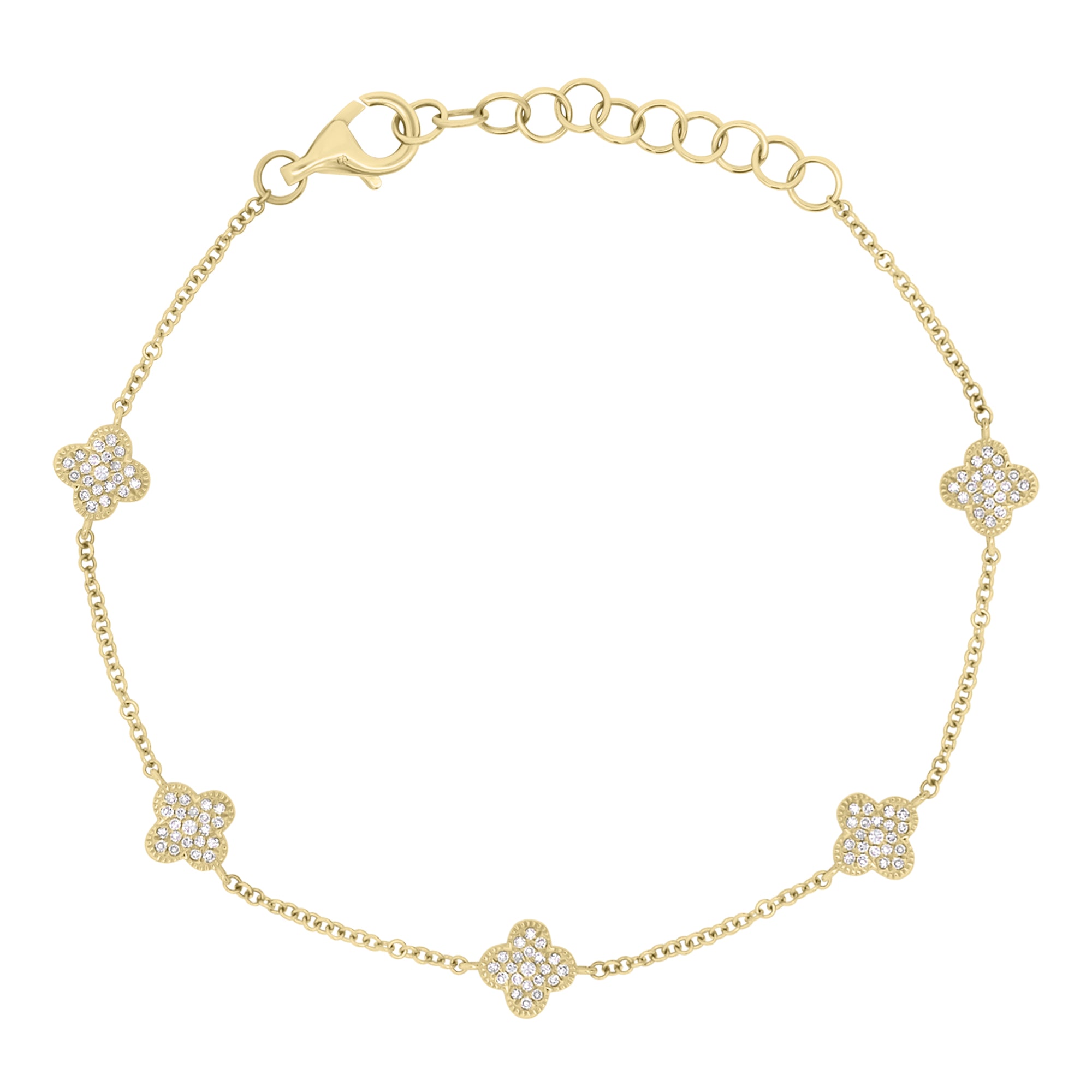 Diamond 5-Clover Bracelet - 14K gold weighing 2.35 grams  - 210 round diamonds weighing 0.42 carats