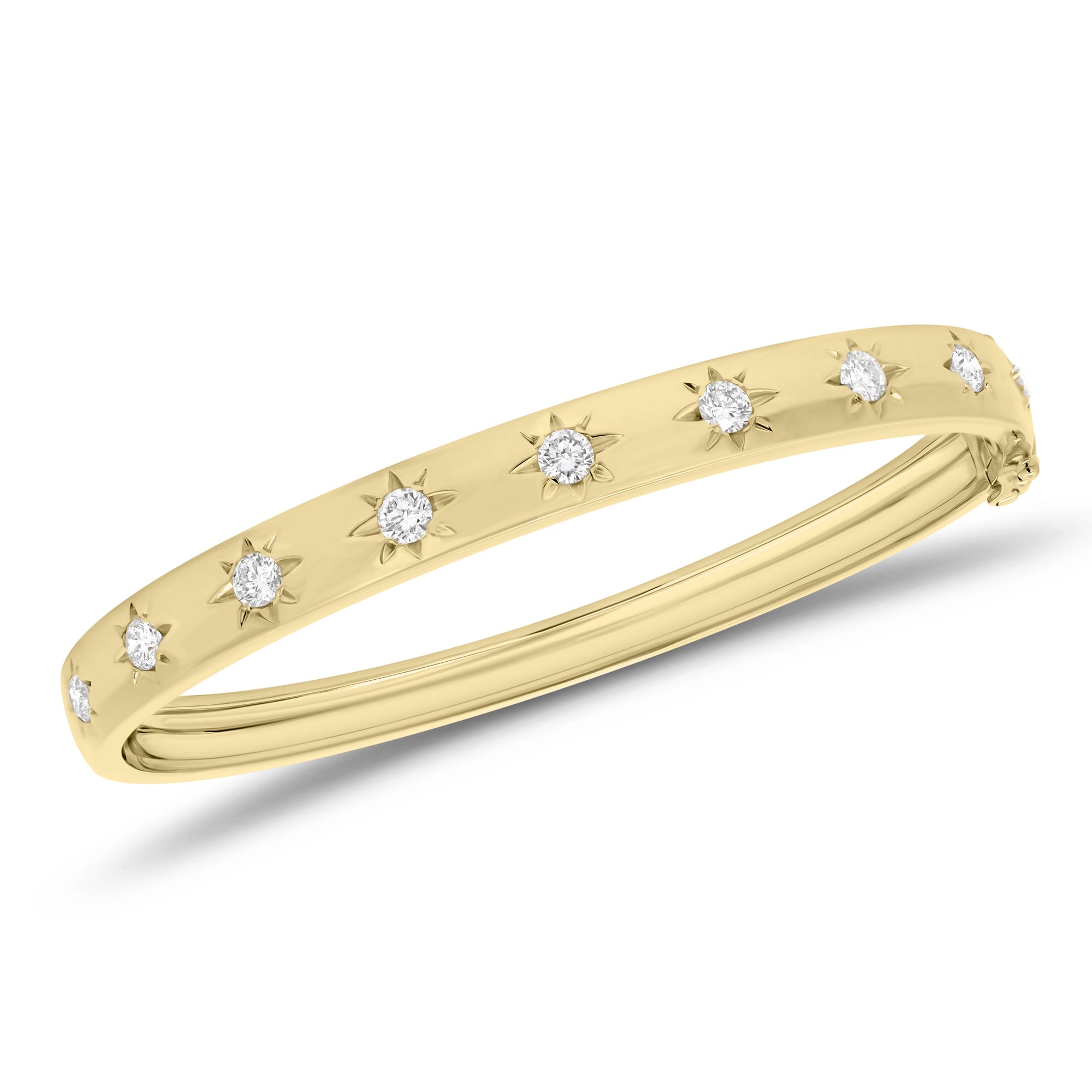 Diamond suns bangle bracelet
- 14K gold weighing 16.29 grams
- 9 round diamonds weighing 0.88 
carats