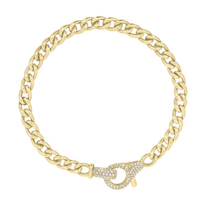 Gold chain bracelet with diamond lobster claw clasp
- 14K gold weighing 14.00 grams
- 86 round diamonds weighing 0.2 carats