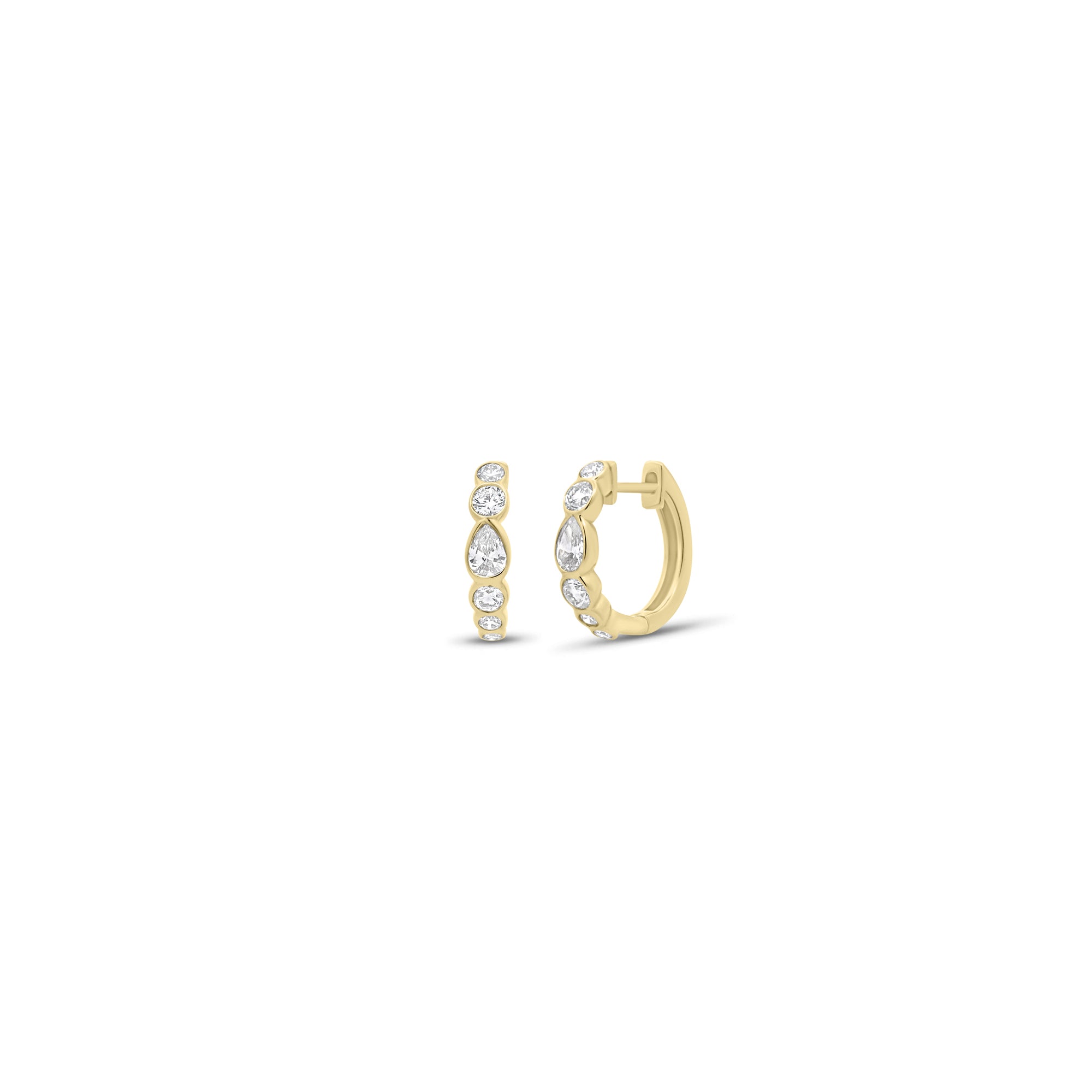 Multi Shape Diamond Bezel Huggie Earrings - 14K gold weighing 3.02 grams - 10 round diamonds weighing 0.53 carats - 2 pear-shaped diamonds weighing 0.38 carats