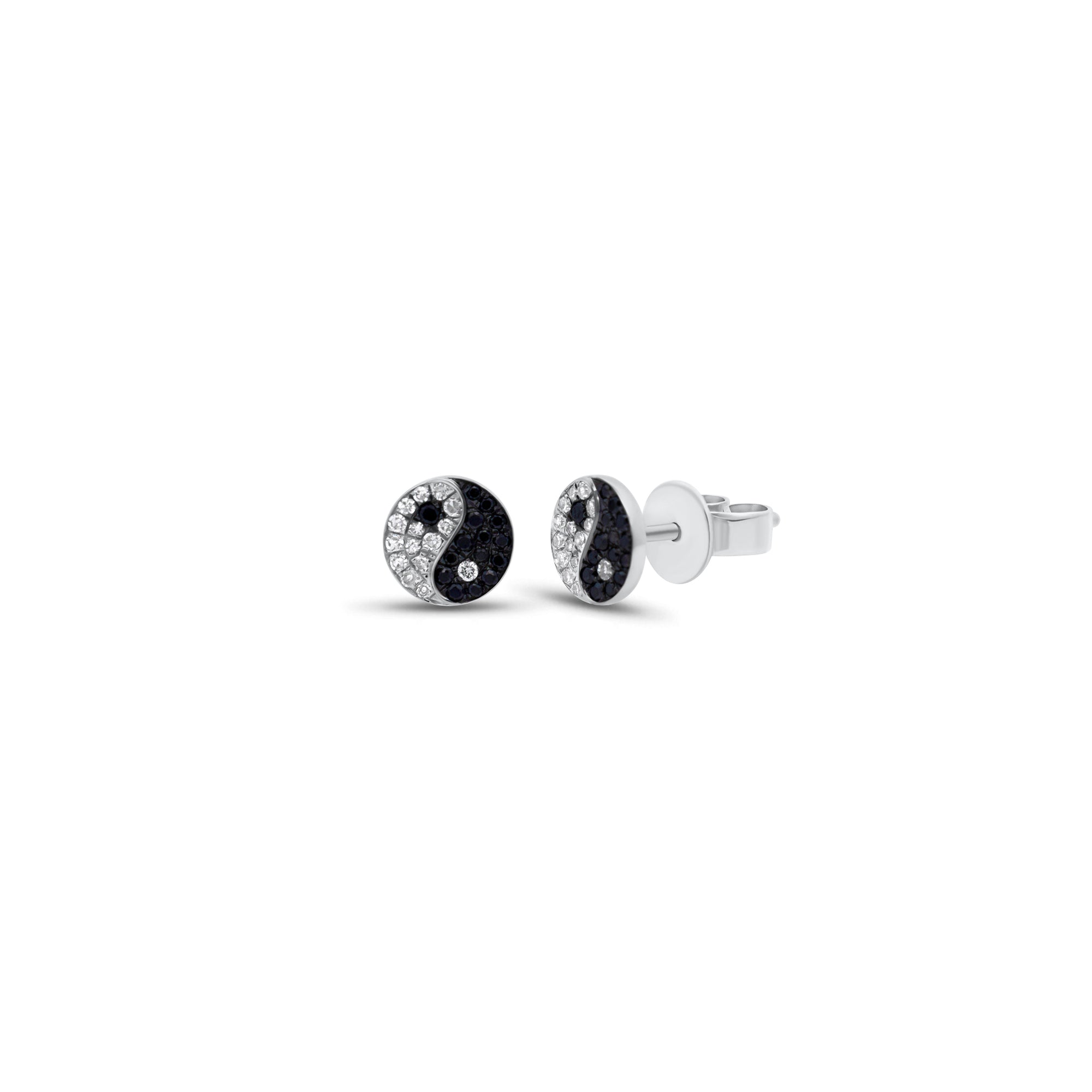 Diamond Yin Yang Stud Earrings - 14K gold weighing 1.16 grams
- 29 round diamonds weighing 0.07 carats
- 29 black round diamonds weighing 0.08 carats 