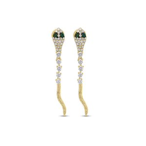 Emerald and Diamond Snake Dangle Earrings - 54 round diamonds weighing 0.30 carats
- 4 emeralds weighing 0.04 carats