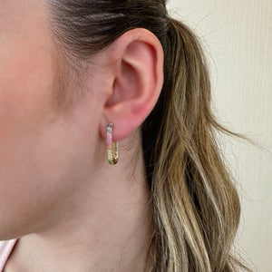 Female Model Wearing Ombré Gemstone U-Hoop Earrings - 14K gold weighing 4.15 grams - 60 multicolor gemstones weighing 0.60 carats