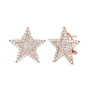 diamond large star stud earrings - 14K gold weighing 5.92 grams  - 142 round diamonds totaling 1.95 carats