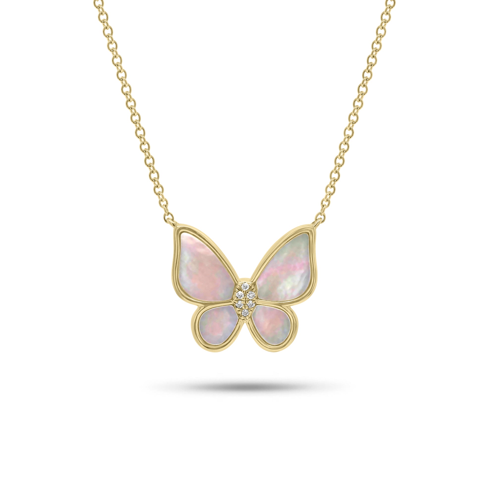 Mother of Pearl & Diamond Butterfly Pendant Necklace - 14K gold weighing 2.75 grams  - 6 round diamonds weighing 0.02 carats