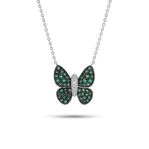 Emerald & Diamond Butterfly Pendant Necklace - 14K gold weighing 2.73 grams - 50 emeralds weighing 0.65 carats - 5 round diamonds weighing 0.06 carats