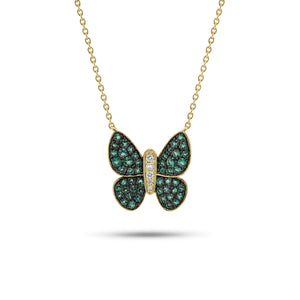 Emerald & Diamond Butterfly Pendant Necklace - 14K gold weighing 2.73 grams  - 50 emeralds weighing 0.65 carats   - 5 round diamonds weighing 0.06 carats