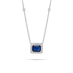 Emerald-Cut Sapphire Halo Diamond Pendant Necklace 18K gold weighing 4.79 grams  2.09 ct emerald-cut sapphire  - 22 round diamonds weighing 0.44 carats