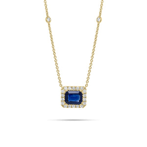 Emerald-Cut Sapphire Halo Diamond Pendant Necklace 18K gold weighing 4.79 grams 2.09 ct emerald-cut sapphire - 22 round diamonds weighing 0.44 carats