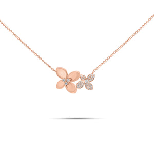 Diamond Flower Duo Pendant Necklace - 14K gold weighing 3.20 grams - 44 round diamonds weighing 0.18 carats