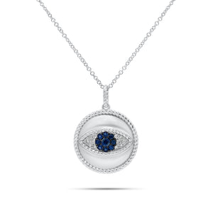 Sapphire & Diamond Evil Eye Pendant with Rope Edge - 14K gold weighing 4.17 grams - 12 round diamonds weighing 0.10 carats - 9 sapphires weighing 0.22 carats