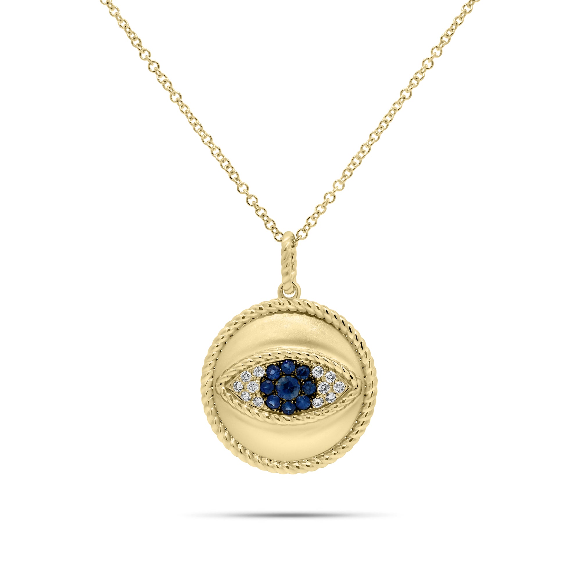 Sapphire & Diamond Evil Eye Pendant with Rope Edge - 14K gold weighing 4.17 grams  - 12 round diamonds weighing 0.10 carats  - 9 sapphires weighing 0.22 carats