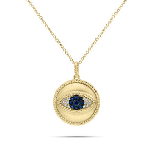 Sapphire & Diamond Evil Eye Pendant with Rope Edge - 14K gold weighing 4.17 grams  - 12 round diamonds weighing 0.10 carats  - 9 sapphires weighing 0.22 carats