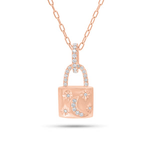 Diamond Moon & Stars Padlock Pendant
- 14K gold weighing 4.77 grams
- 31 round diamonds weighing 0.25
carats