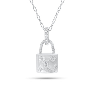 Diamond Moon & Stars Padlock Pendant
- 14K gold weighing 4.77 grams
- 31 round diamonds weighing 0.25
carats