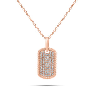 Diamond Rope-Edged Dog Tag Pendant - 14K gold weighing 3.19 grams - 62 round diamonds weighing 0.39 carats