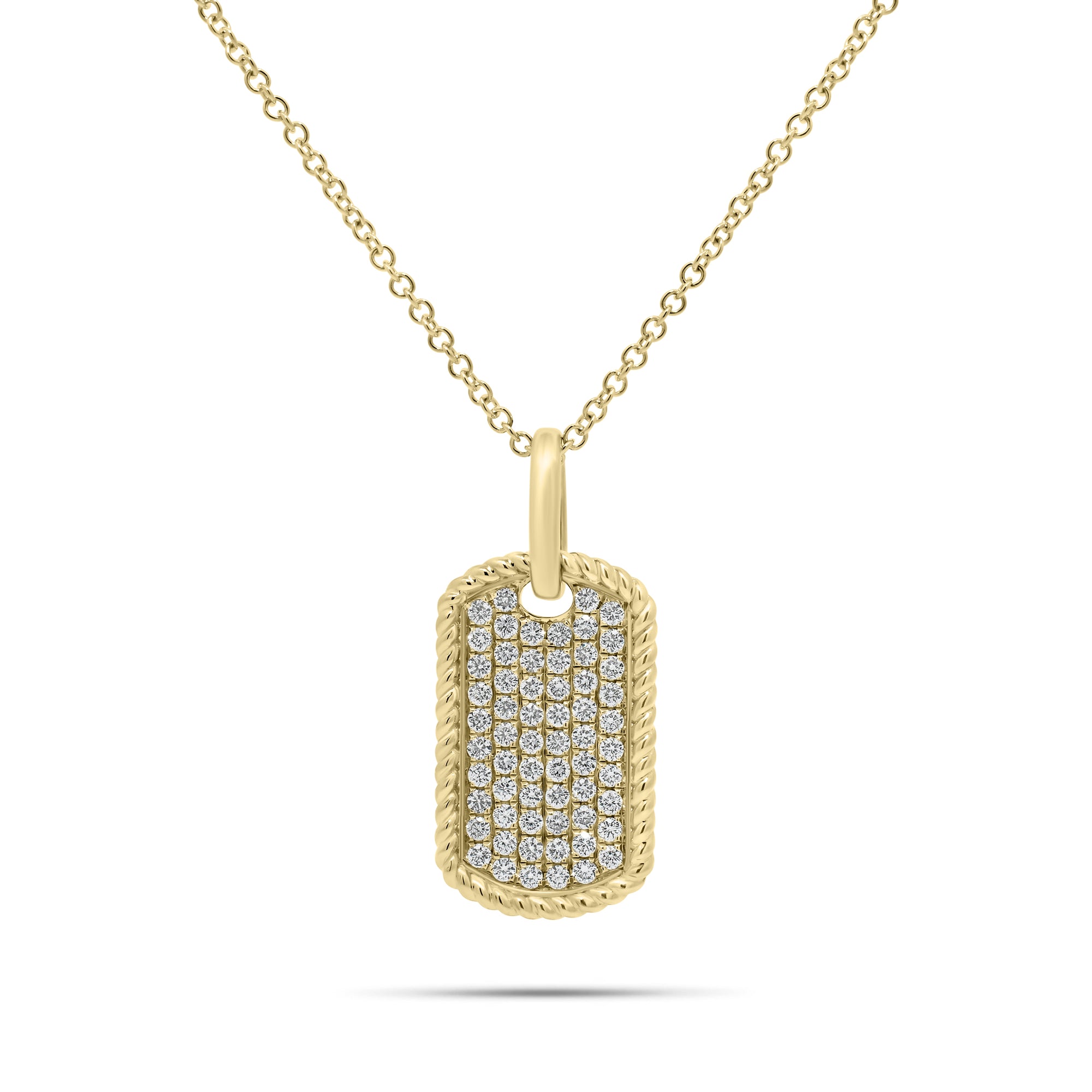 Diamond Rope-Edged Dog Tag Pendant - 14K gold weighing 3.19 grams  - 62 round diamonds weighing 0.39 carats