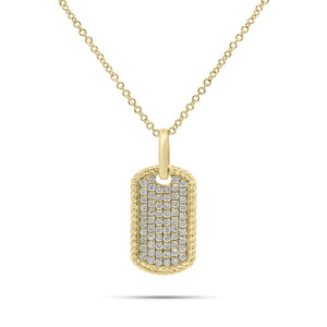 Diamond Rope-Edged Dog Tag Pendant - 14K gold weighing 3.19 grams  - 62 round diamonds weighing 0.39 carats