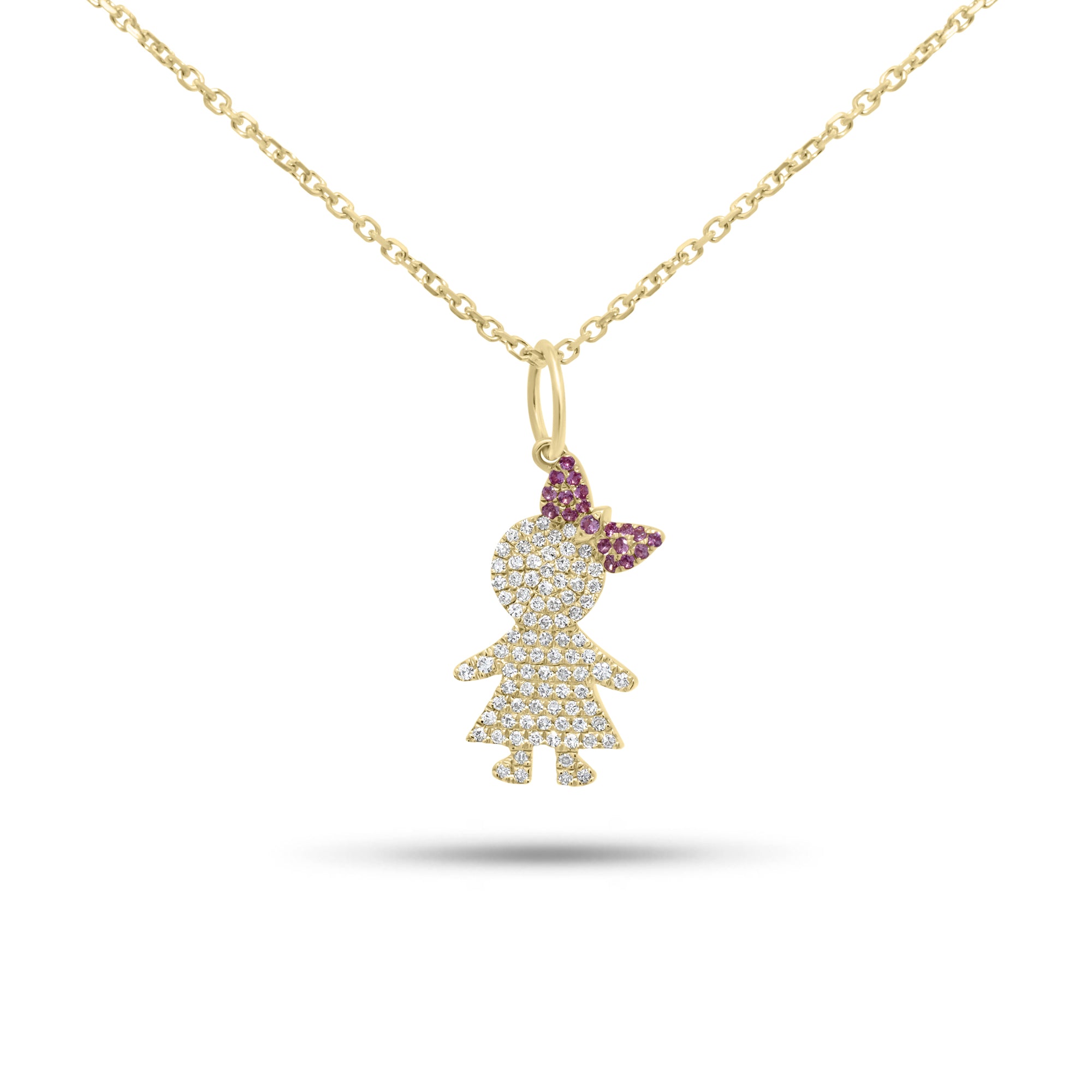 Diamond & Pink Sapphire Girl Pendant - 14K gold weighing 1.66 grams  - 88 round diamonds weighing 0.16 carats  - 19 pink sapphires weighing 0.06 carats