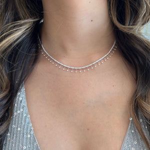 Female Model Wearing Diamond Drip Tennis Necklace - 18K gold weighing 19.00 grams - 308 round diamonds weighing 5.51 carats