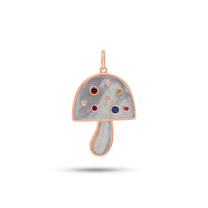 Mother of Pearl & Multicolor Gemstone Mushroom Pendant - 14K gold weighing 3.78 grams - 5 multicolor gemstones weighing 0.16 carats  - 3 round diamonds weighing 0.03 carats - 2 Mother of Pearl slices