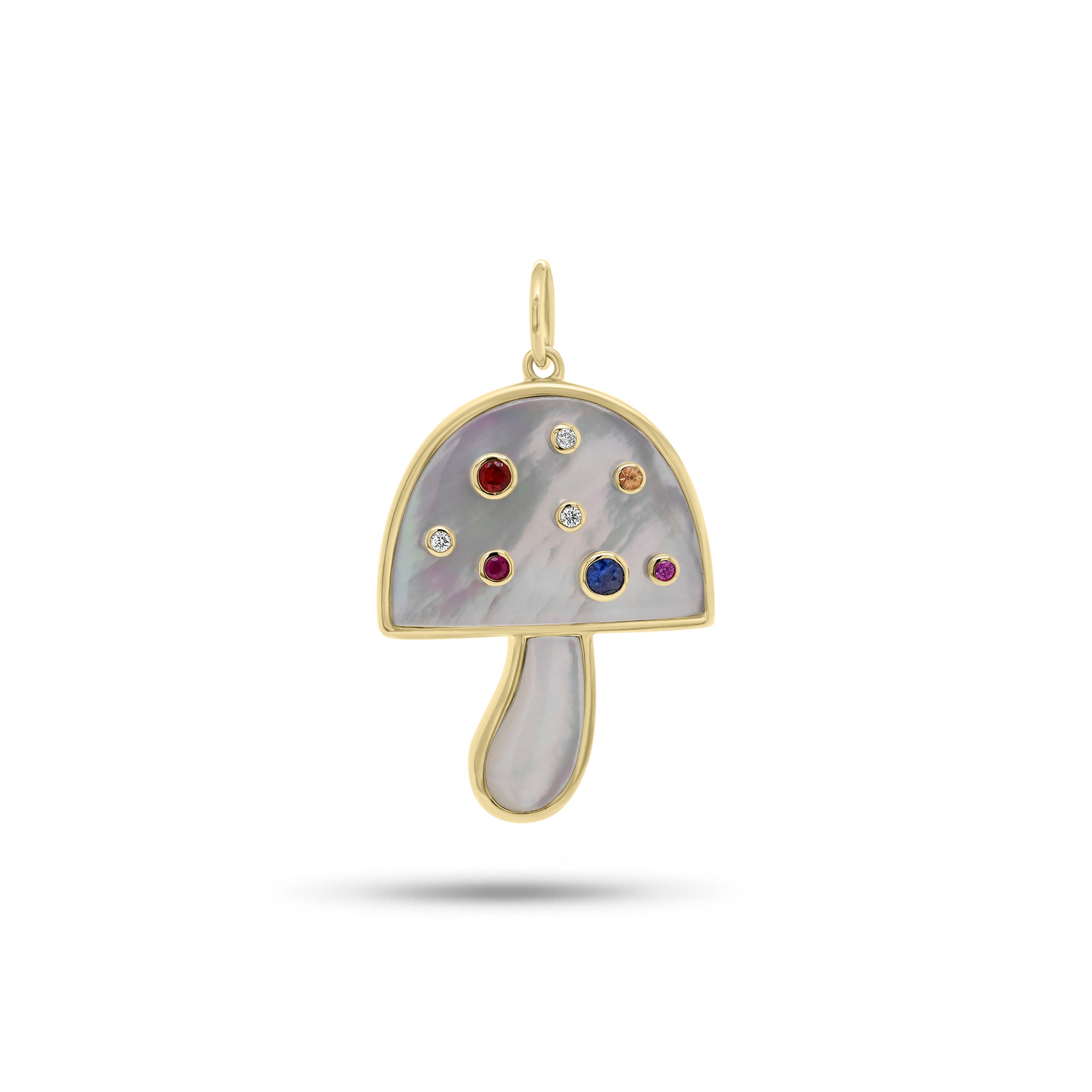 Mother of Pearl & Multicolor Gemstone Mushroom Pendant - 14K gold weighing 3.78 grams - 5 multicolor gemstones weighing 0.16 carats  - 3 round diamonds weighing 0.03 carats - 2 Mother of Pearl slices