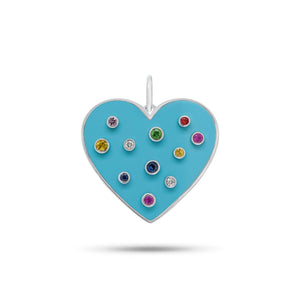 Diamond & Multicolor Gemstone Turquoise Heart Pendant - 14K gold weighing 4.63 grams - 9 multicolor gemstones weighing 0.36 carats - 2 round diamonds weighing 0.05 carats