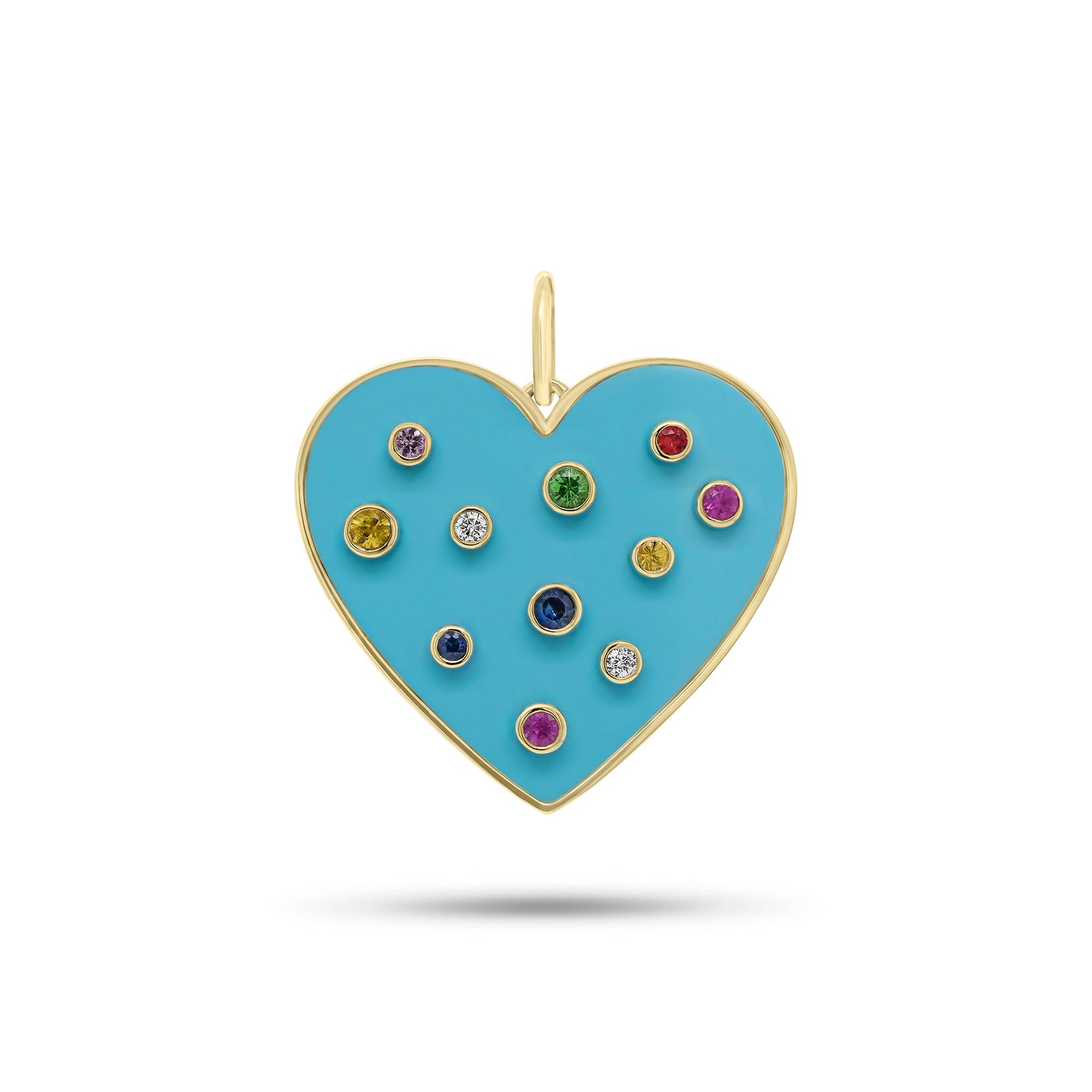 Diamond & Multicolor Gemstone Turquoise Heart Pendant - 14K gold weighing 4.63 grams - 9 multicolor gemstones weighing 0.36 carats - 2 round diamonds weighing 0.05
carats