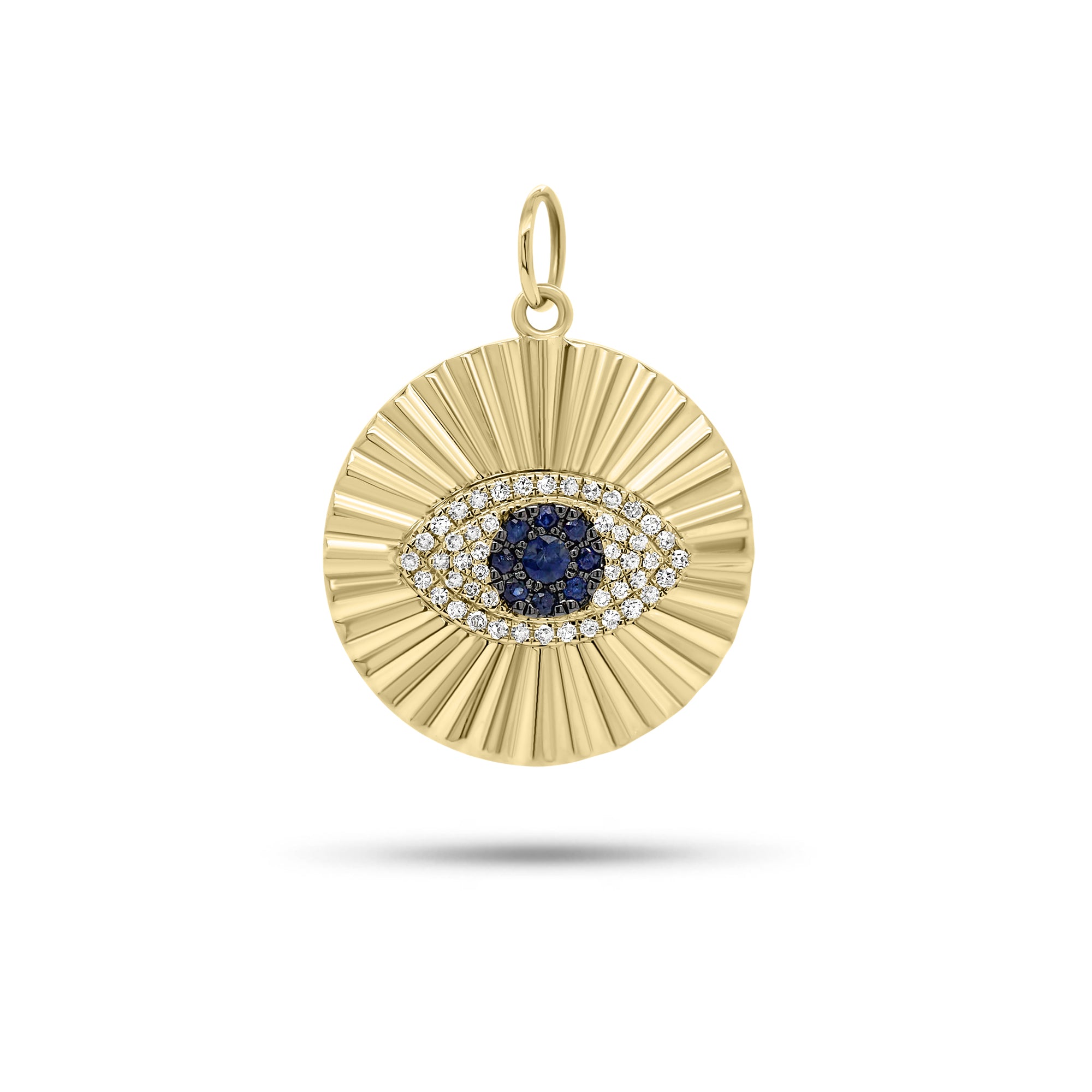 Sapphire & Diamond Evil Eye Ridged Gold Disc Pendant - 14K gold weighing 2.46 grams - 48 round diamonds weighing 0.17 carats - 9 sapphires weighing 0.15 carats