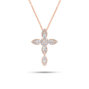 Marquise & Round Diamond Cross Pendant - 18K gold weighing 1.64 grams - 14K gold weighing 1.60 grams - 5 marquise-shaped diamonds weighing 0.44 carats - 30 round diamonds weighing 0.24 carats