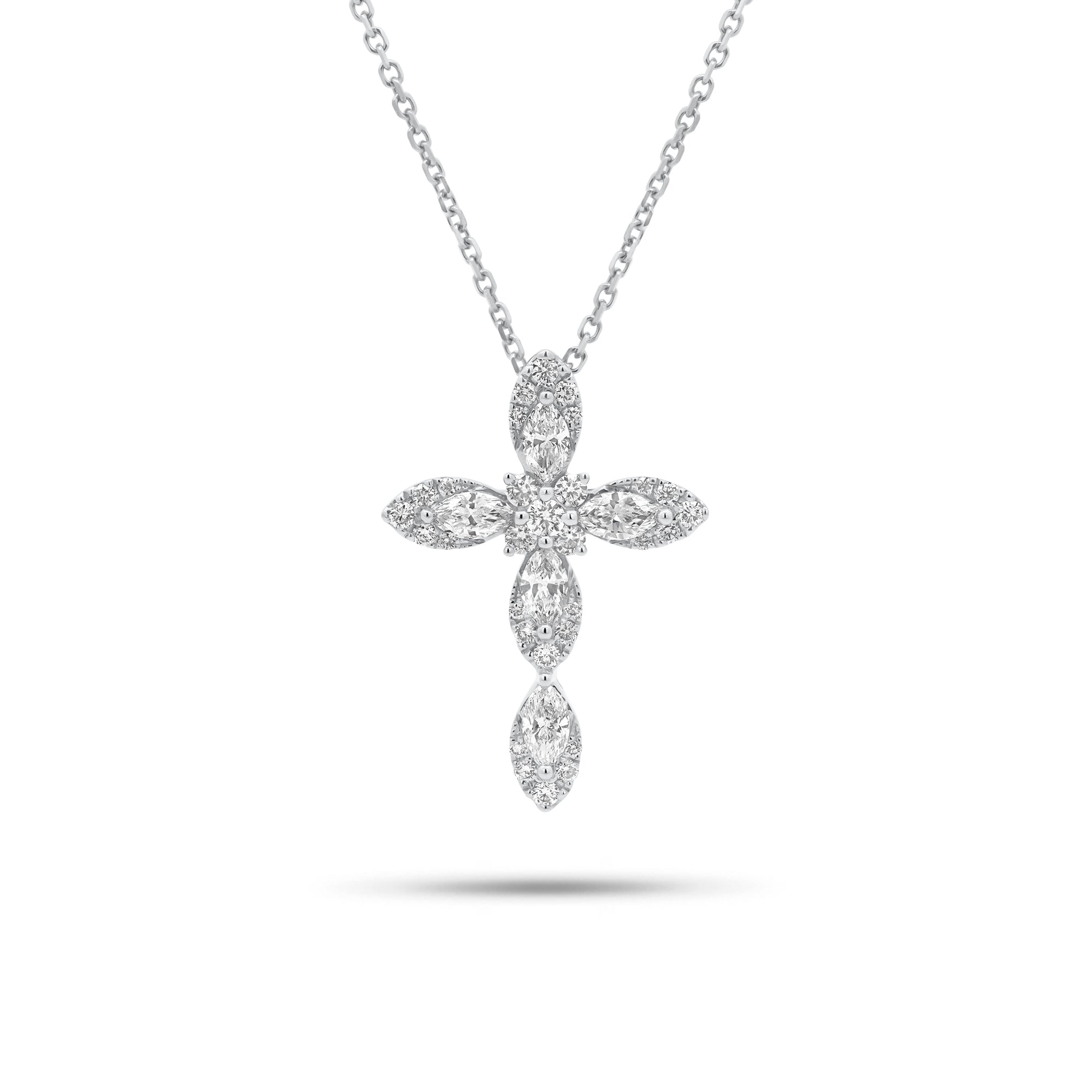 Marquise & Round Diamond Cross Pendant - 18K gold weighing 1.64 grams - 14K gold weighing 1.60 grams - 5 marquise-shaped diamonds weighing 0.44 carats - 30 round diamonds weighing 0.24 carats