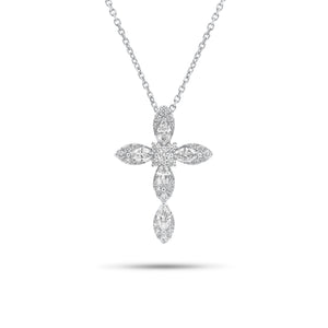 Marquise & Round Diamond Cross Pendant - 18K gold weighing 1.64 grams - 14K gold weighing 1.60 grams - 5 marquise-shaped diamonds weighing 0.44 carats - 30 round diamonds weighing 0.24 carats