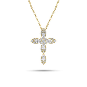 Marquise & Round Diamond Cross Pendant - 18K gold weighing 1.64 grams - 14K gold weighing 1.60 grams - 5 marquise-shaped diamonds weighing 0.44 carats - 30 round diamonds weighing 0.24 carats