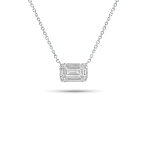 Emerald-Cut Diamond Illusion Pendant Necklace - 18K gold weighing 9.00 grams - 4 round diamonds weighing 0.10 carats - 3 straight baguettes weighing 0.43 carats - 2 straight baguettes weighing 0.11 carats