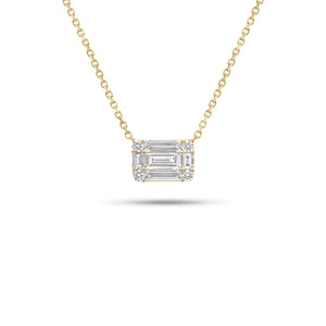 Emerald-Cut Diamond Illusion Pendant Necklace - 18K gold weighing 9.00 grams - 4 round diamonds weighing 0.10 carats - 3 straight baguettes weighing 0.43 carats - 2 straight baguettes weighing 0.11 carats