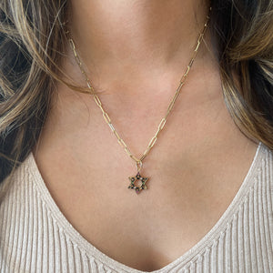 Female Model Wearing Multicolor Sapphire Star of David Pendant - 14K gold weighing 1.57 grams - 12 sapphires weighing 0.13 carats