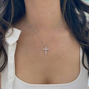 Female Model Wearing 1.01 ct Diamond Cross Pendant - 14K gold weighing 3.39 grams - 11 round diamonds weighing 1.01 carats