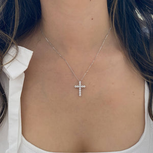 Female Model Wearing 1.45 ct Diamond Cross Pendant - 14K gold weighing 4.25 grams - 11 round diamonds weighing 1.45 carats