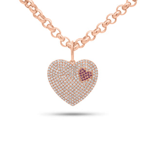 Diamond & Pink Sapphire Two-Hearts Pendant - 14K gold weighing 2.86 grams- 229 round diamonds weighing 0.71 carats - 19 pink sapphires weighing 0.08 carats