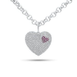 Diamond & Pink Sapphire Two-Hearts Pendant - 14K gold weighing 2.86 grams- 229 round diamonds weighing 0.71 carats - 19 pink sapphires weighing 0.08 carats