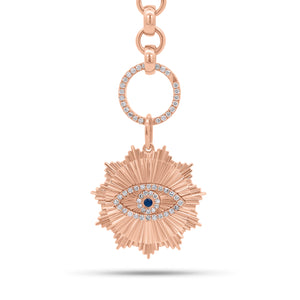 Sapphire & Diamond Evil Eye Radiating Disc Pendant - 14K gold weighing 3.66 grams - 35 round diamonds weighing 0.15 carats - 0.03 ct sapphire