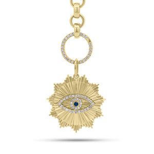 Sapphire & Diamond Evil Eye Radiating Disc Pendant - 14K gold weighing 3.66 grams - 35 round diamonds weighing 0.15 carats - 0.03 ct sapphire