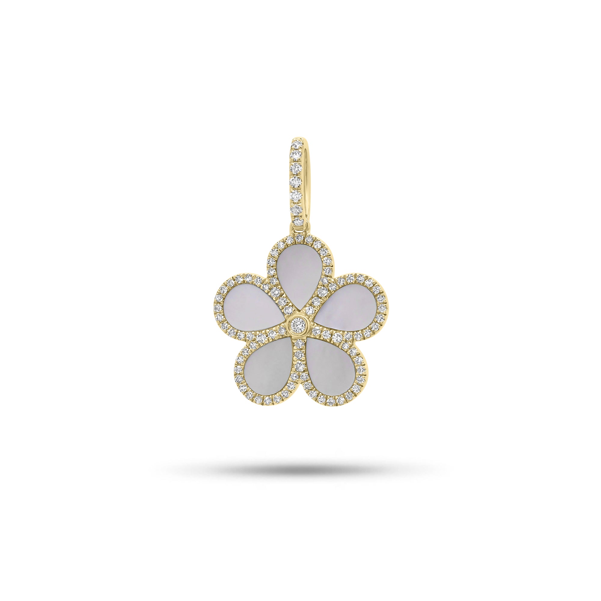 Diamond & Mother of Pearl Flower Pendant - 14K gold weighing 1.81 grams - 88 round diamonds weighing 0.22 carats - 5 Mother of Pearl slices