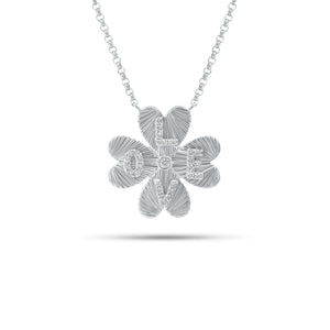 Diamond & Fluted Gold Four Leaf Clover “Love” Pendant Necklace - 14K gold weighing 3.90 grams - 30 round diamonds weighing 0.20 carats